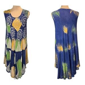 S.R. Fashion  Gauzy Midi Tie Dye Dress Navy Green Yellow  OS